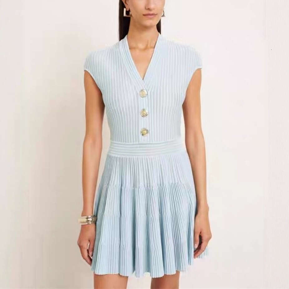 2026 European and American fashion goddess style elegant and simple solid color V-neck sleeveless design vertical stripe knitted dress