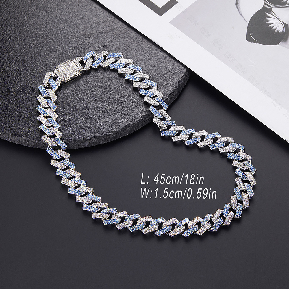 15mm Full Diamond Cuban Link Chain Necklace For Men Guys Iced Out Crystal Gemstone Miami Street Party Hip Hop Rap Jewelry Grunge Chunky Gold Curb Chai