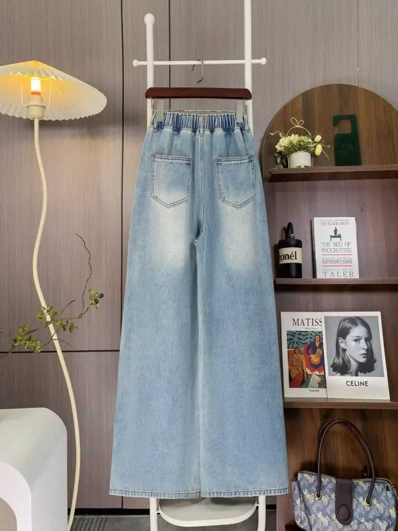 Plus Size Jeans Women 2025 Autumn Winter New Arrivals Bow Embroidery Wide Leg Loose Jeans Woman Trousers Elastic Waist Jeans M260310