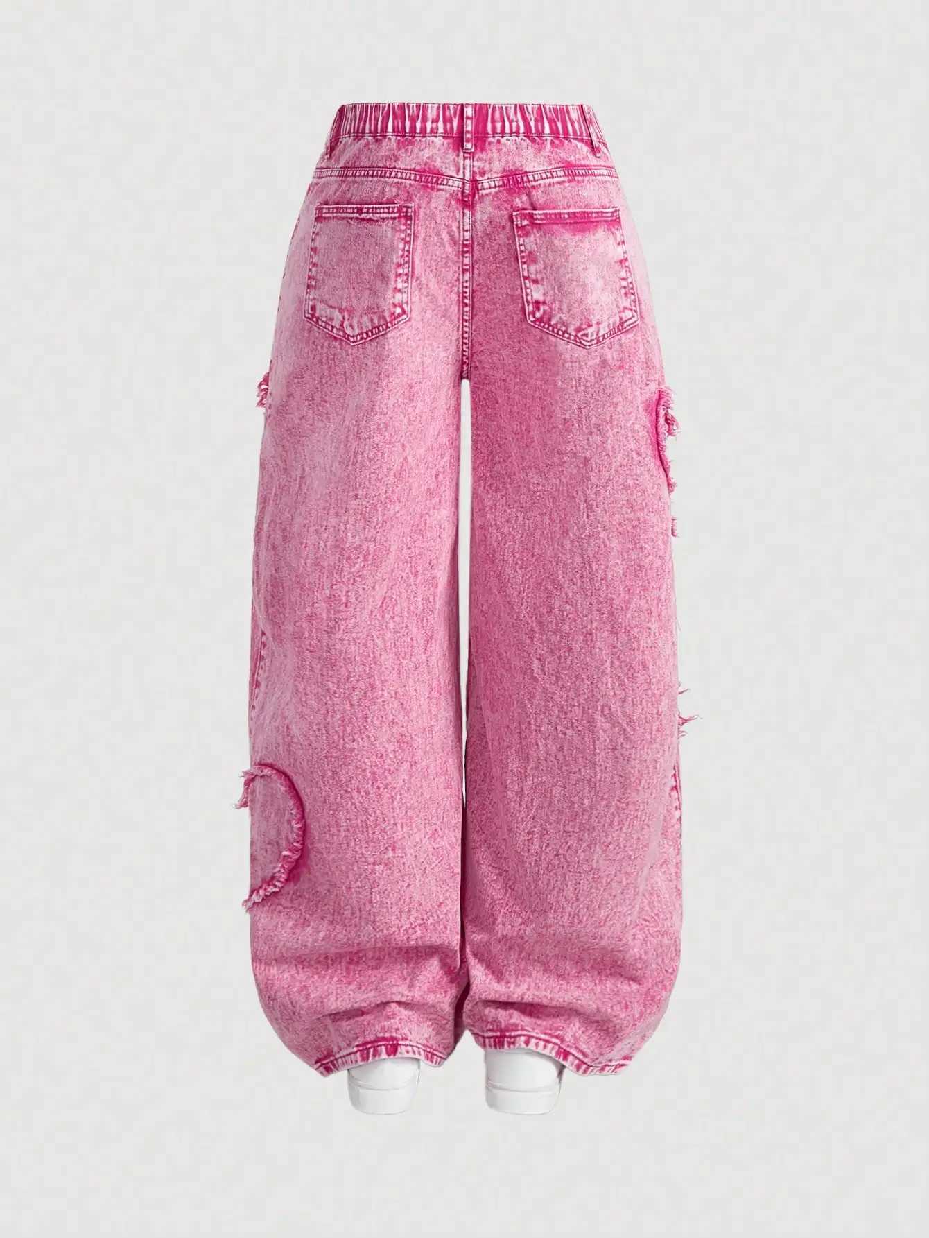 Plus Size Pink Heart Patch Wide Leg Jeans for Women Casual Denim Pants with Frayed Detail M260310