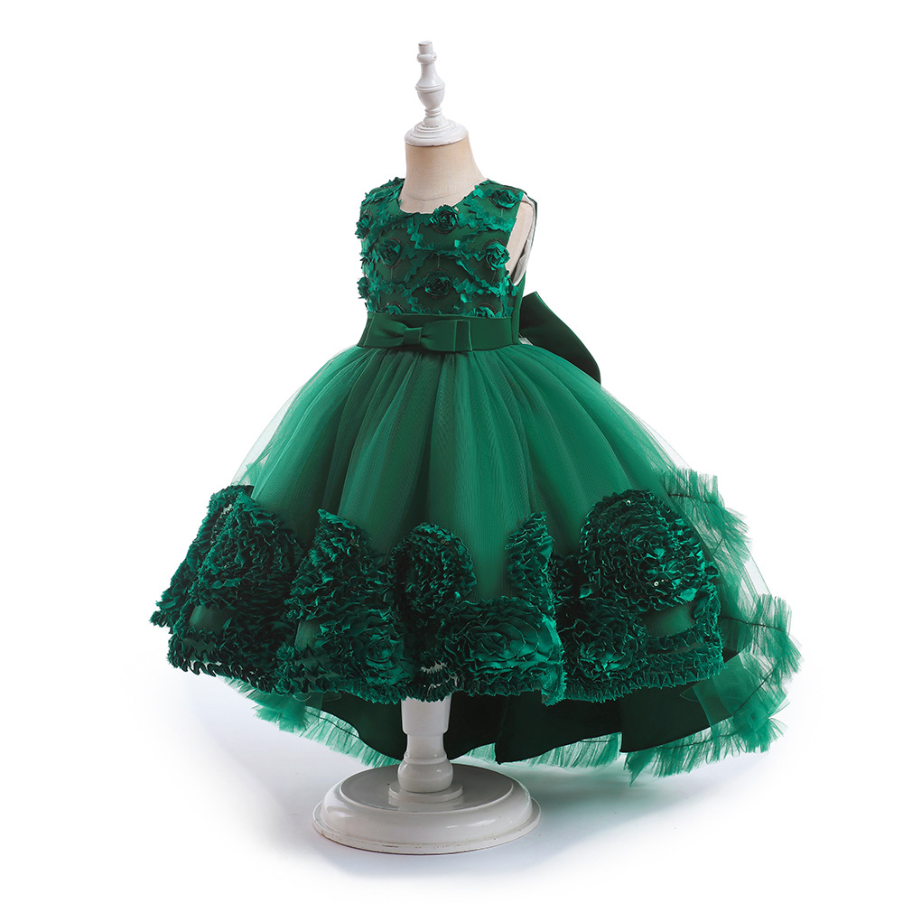 Children's piano performance costume, flower girl puff-petalled flower wedding dress, elegant little model fashion show trailing skirt, girl'