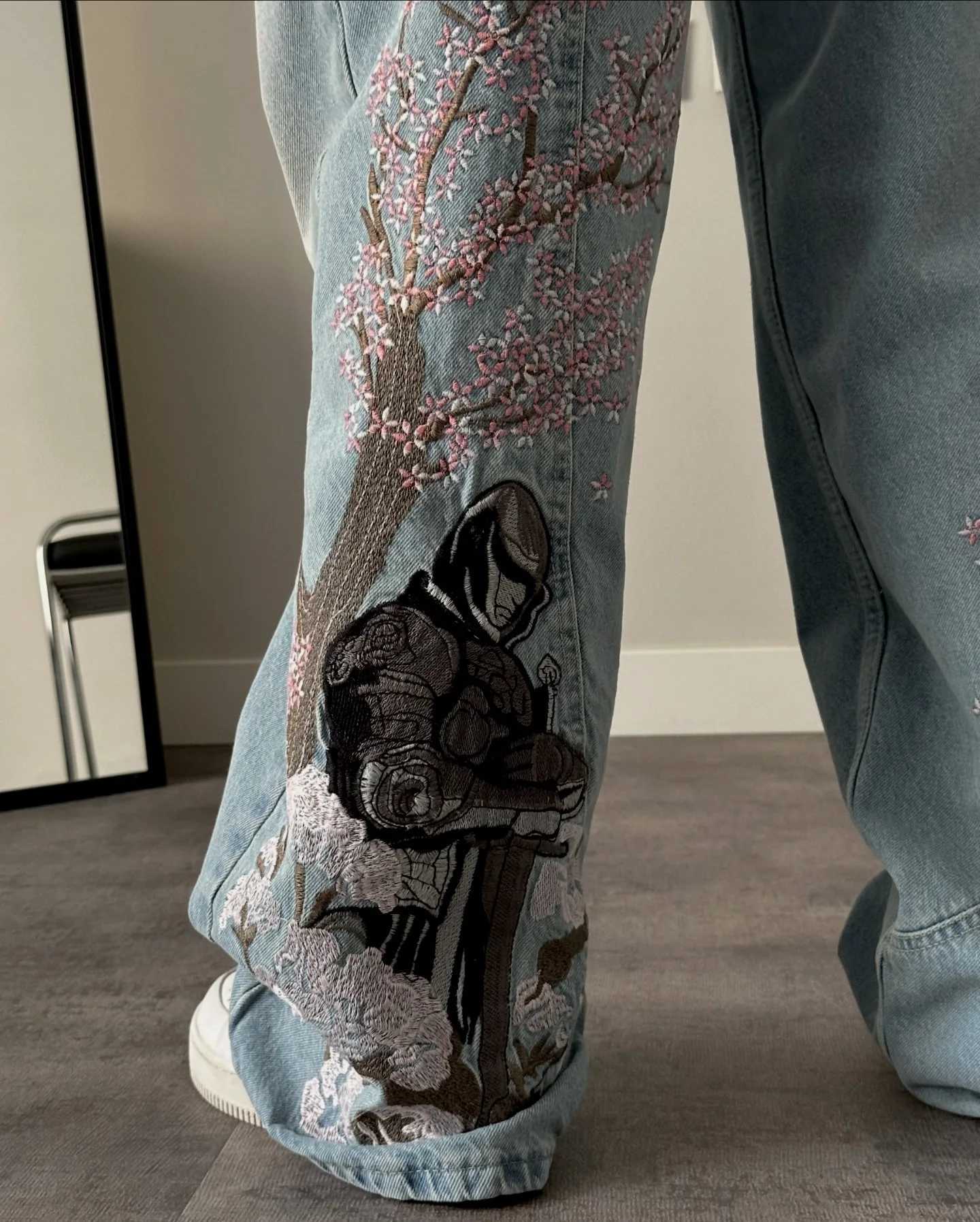 Women Retro Cherry Blossom Knight Embroidery Jeans Y2k Retro Baggy Black Straight Denim Pants Street Wash High Waist Jean Men M260310