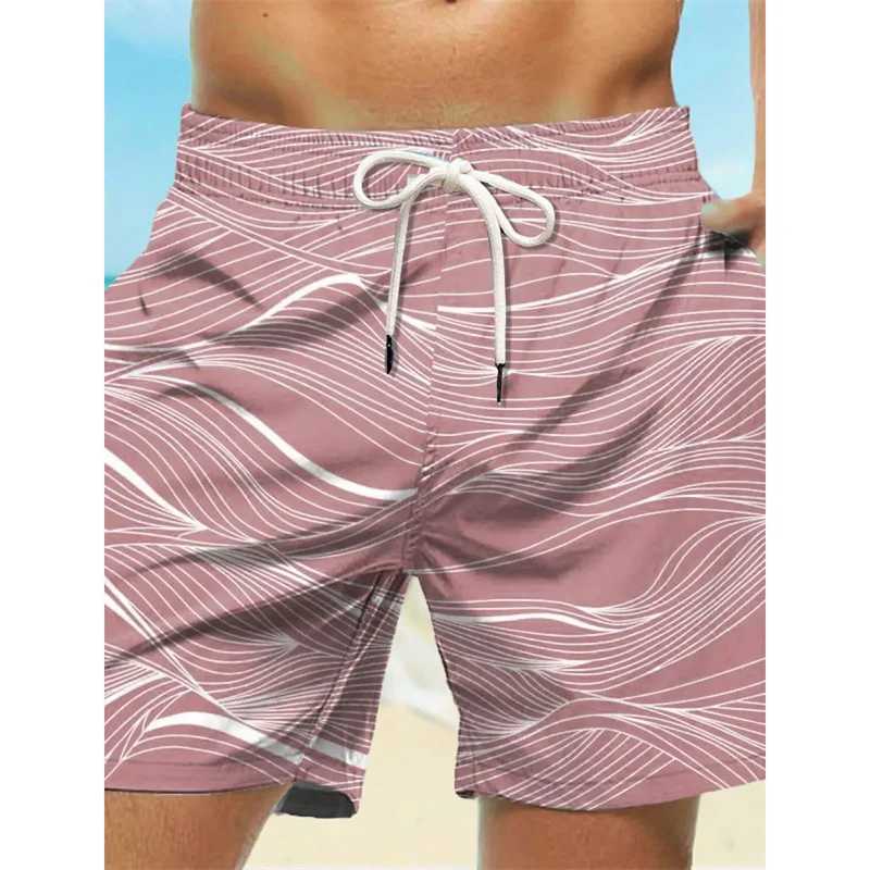 Curved Stripe Graphic Swim Trunks For Men Fashion 3D Print Short Pants Summer Holiday Hawaiian Drawstring Quick Dry Board Shorts N260310