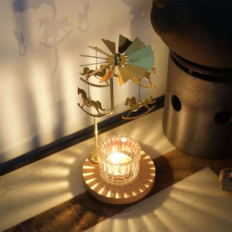 Home Rotating Candle Holder with Wooden Bottom Transit Windmill Walking Carousel Horse Lamp Sitting Tray Xmas Snowflake H260310