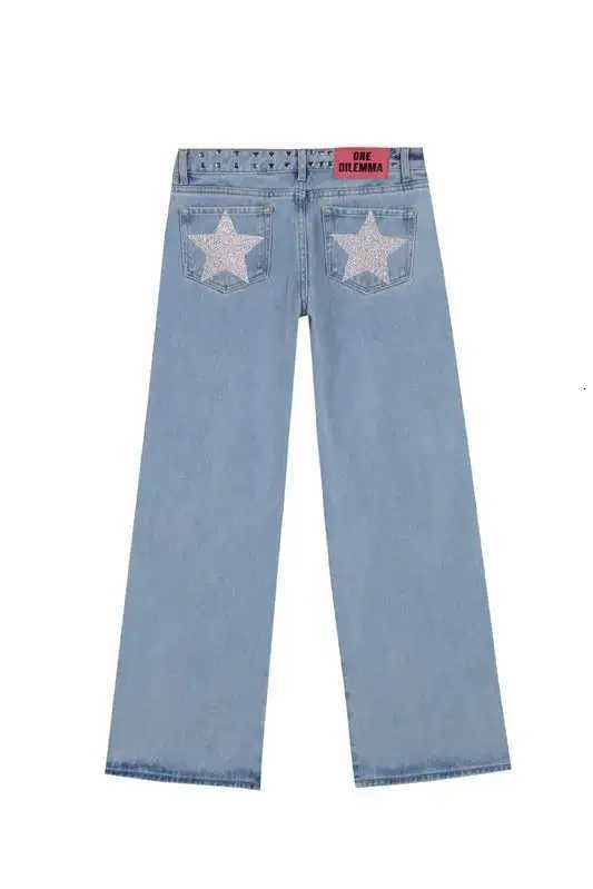 Vintage Y2k Five Pointed Star Jeans Women Blue High Waist Straight Baggy Denim Pants American Retro 90s Street Wide Leg JeansT260310