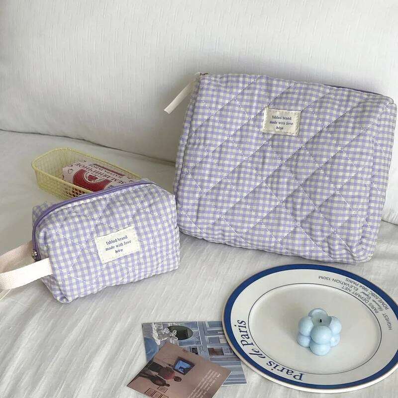 Large Capacity Cotton Makeup Women Checkered Brushes Storage Sweet Cute Travel Toiletry Bag Casual Ladies Soft Organizer XJ260310