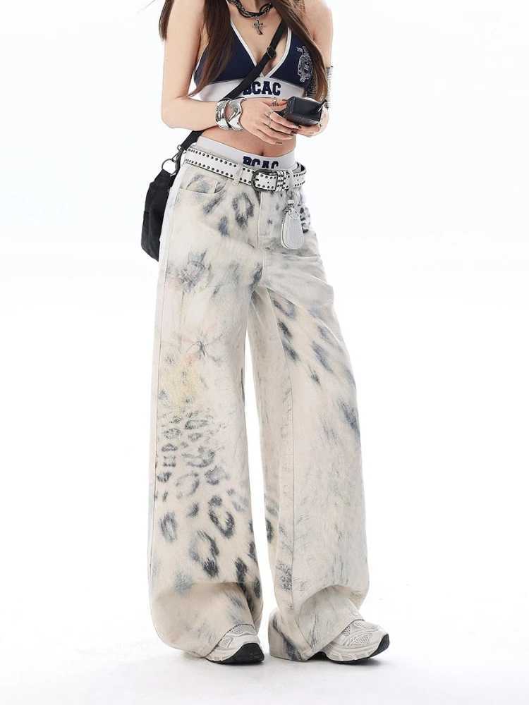 Fashion Leopard Print Jeans Women Streetwear Vintage Hippie Wide Leg Pants Female Casual Baggy Straight High Waist Jeans M260310