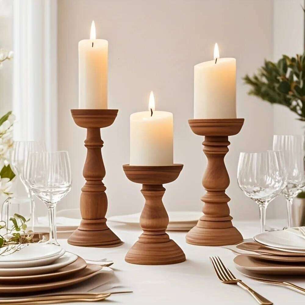 Vintage Wooden Holders 3pcs Valentine's Day Wedding Cylindrical Candle Holder Desktop Christmas Decoration H260310