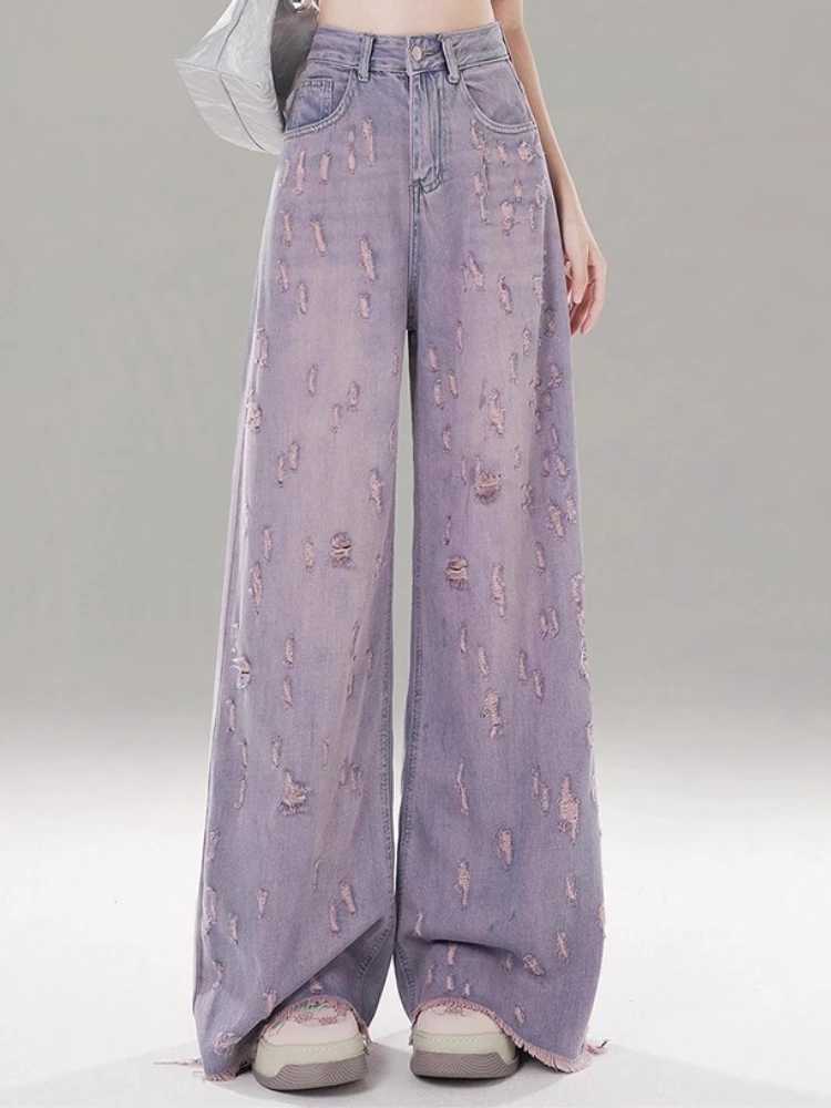 Large Size American Retro Ripped Jeans Women Spring Autumn High Waist Straight Fashion Versatile Wide Leg Floor Pants M260310