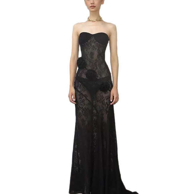 2026 new European and American fashion goddess sexy strapless semi transparent three-dimensional flower mesh long skirt