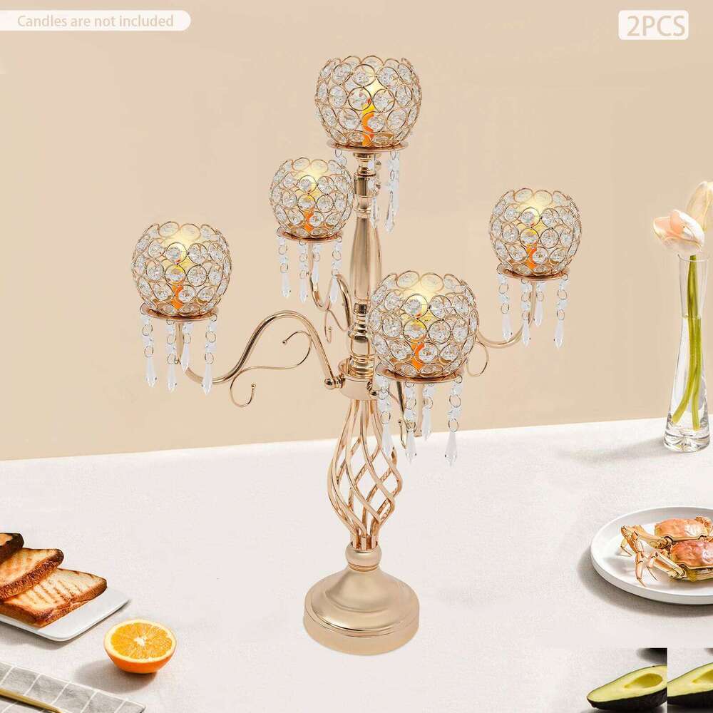 5 Arm Crystal Candelabra Centerpiece Gold 26 Inch Tall Table with Prisms 2 Pack for Home Party Wedding Decor H260310