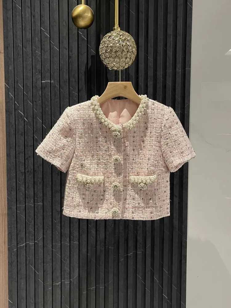 Autumn Spring Beading Diamond Button Women Tweed Jacket Outfits Mid-Calf Length Skirt Sets O-Neck Party Short Coat Two Piece SetT260310