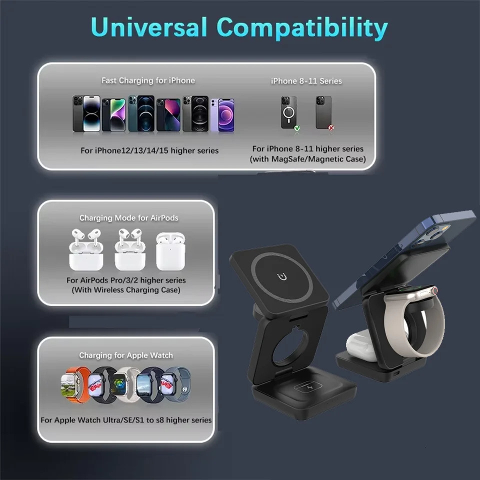 3 in 1 Wireless Charger Stand Magnetic Foldable Wireless Charging Station for iPhone 16 15 14 13 Pro Max Watch 8 9 Charger 260309