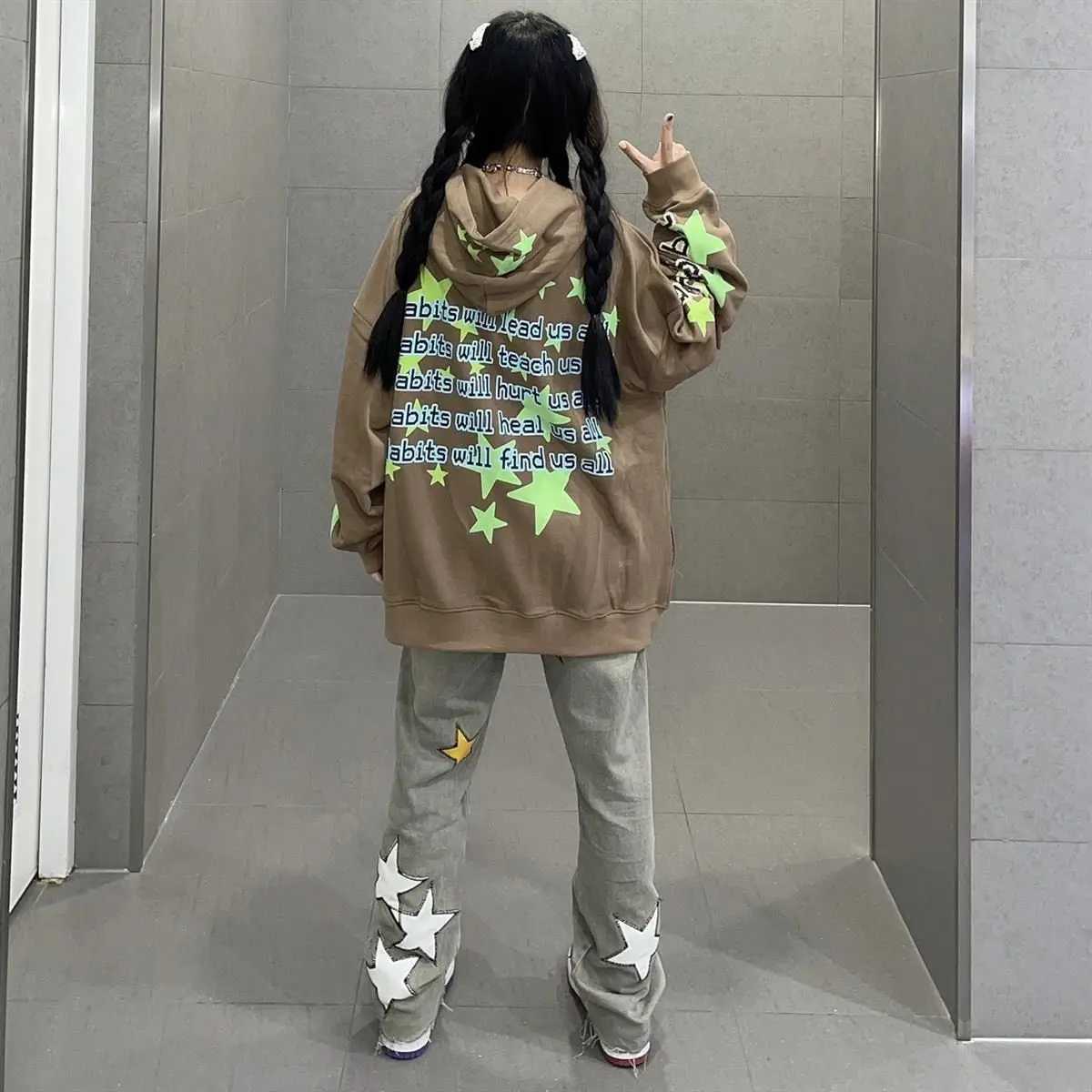 Hip Hop Vintage Women Jeans Spring Autumn New Star High Waist Harajuku Streetwear Fashion Casual Loose Wide Leg Denim TrousersT260310