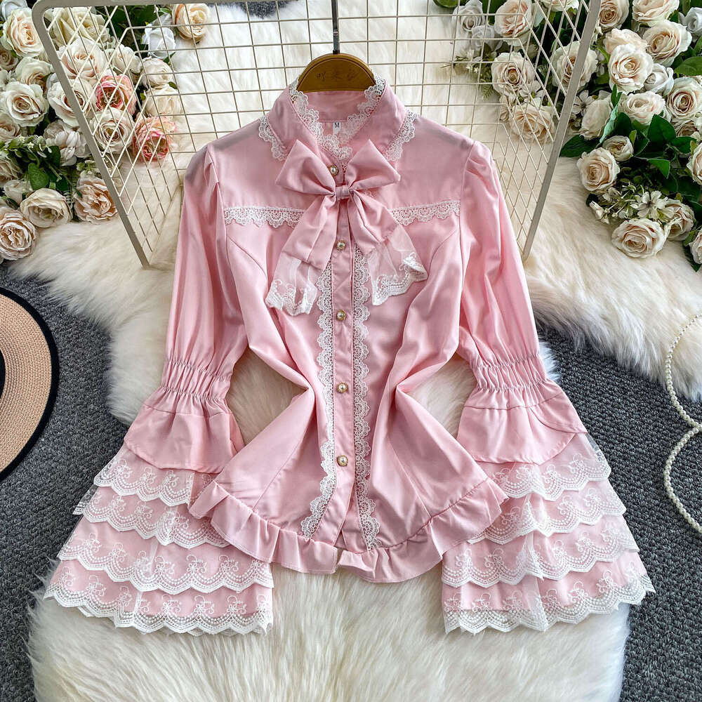 French court retro high-end lace patchwork stand up collar women's shirt with sweet and youthful bow and bell shaped sleeves