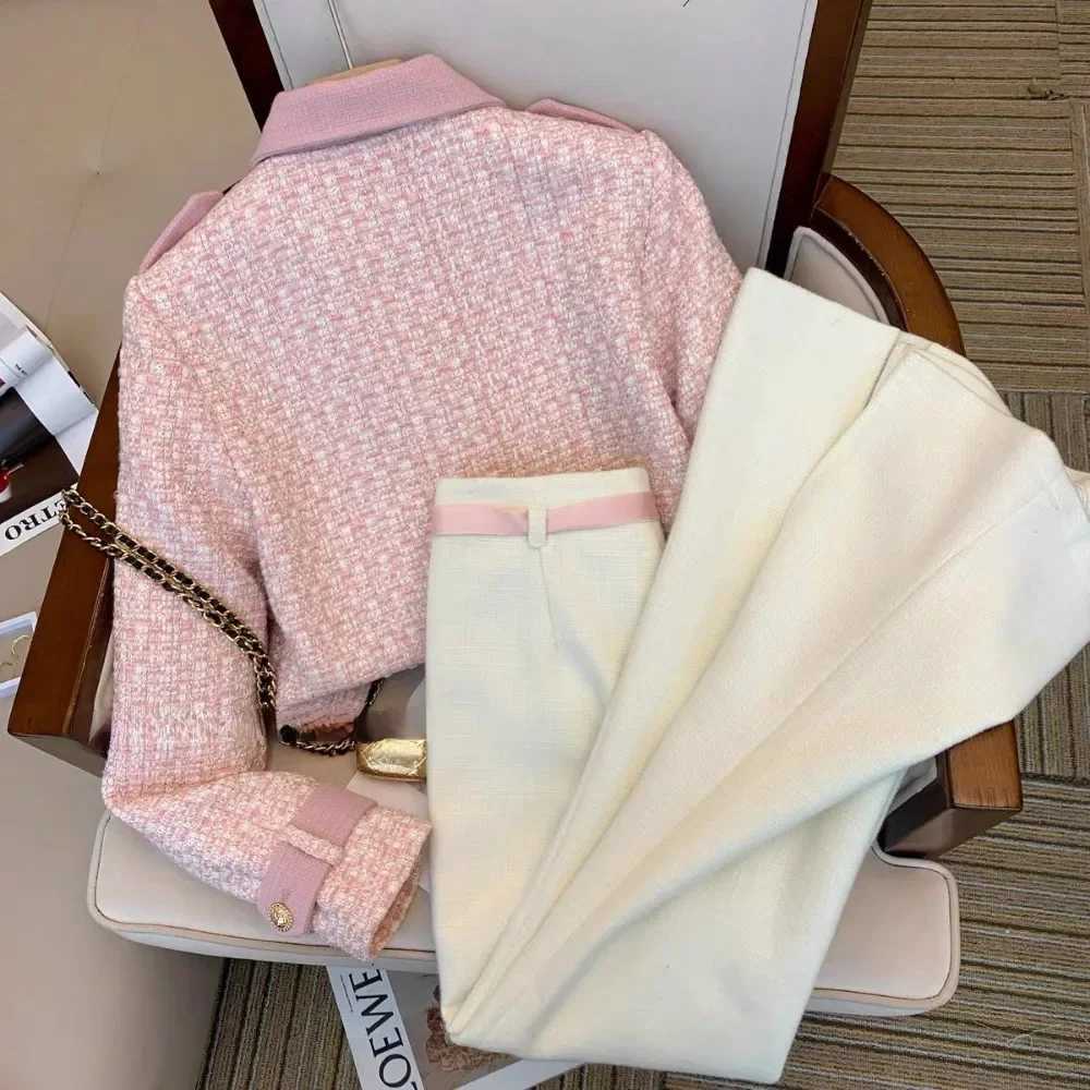 Simple Korea Y2K Commuter Small Fragrance Suit Coat Panelled High Waist Wid Leg Pants Casual Preppy England Suit TrousersT260310