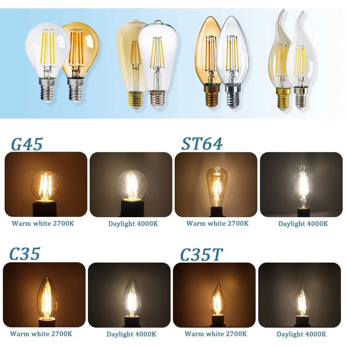 3pcs Retro Led Light Bulb E27 B22 E14 C35 A60 ST64 AC220-240V Edison Filament Bulb Vintage Warm Glass Lamp Lighting Indoor light H260310