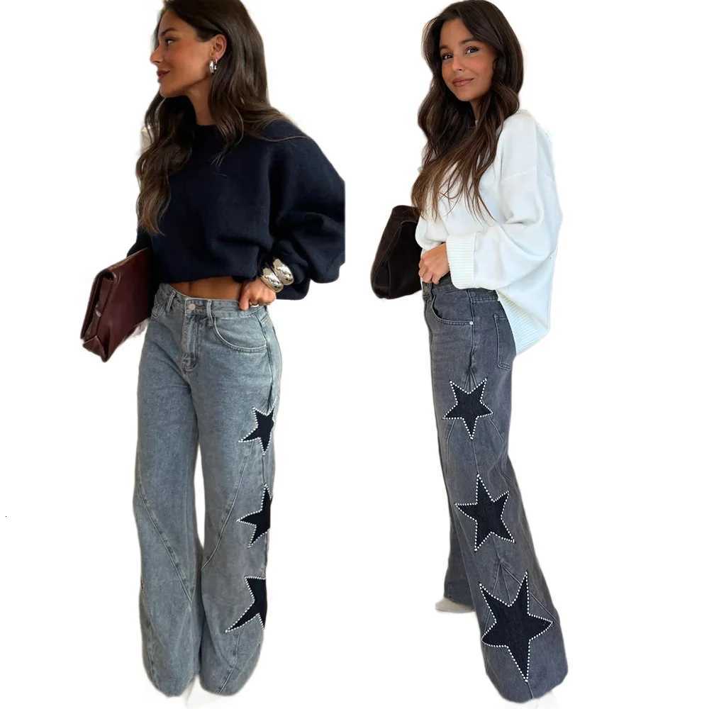 Womens New Fashion Casual Loose Straight Denim Pants with Five-Pointed Star DesignT260310