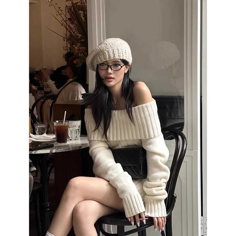 YIABSHU Slash Neck Off-Shoulder Knitted Sweater Dress Women Spring Autumn American Retro 2000s Sexy Slim Fit White Short Skirt M260311