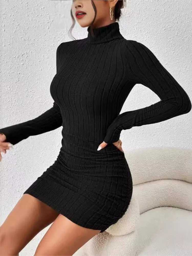 New Solid Dresses Autumn Winter Women Long Sleeves Turtleneck Sexy Bodycon Sheath Mini Dress Club Elegant Party Knitted Dresses a04 M260311
