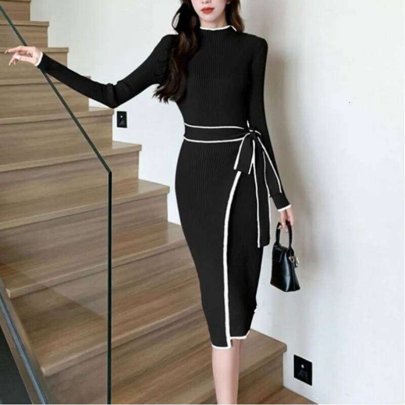 Women's 2024 Autumn and Winter Fashion Sweater Spliced Neck Contrast Pit Strap Waist Slimming Long Sleeve Knitted Casual Dress Z260311