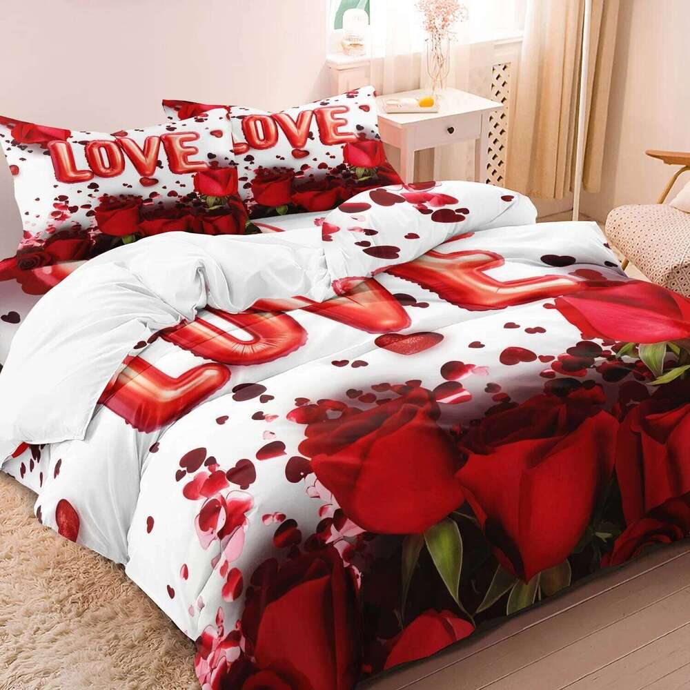 3pcs Valentine'S Day Romantic Rose Love Letter Pattern Bedding Set, Soft And Comfortable Duvet Cover Bedroom H260311