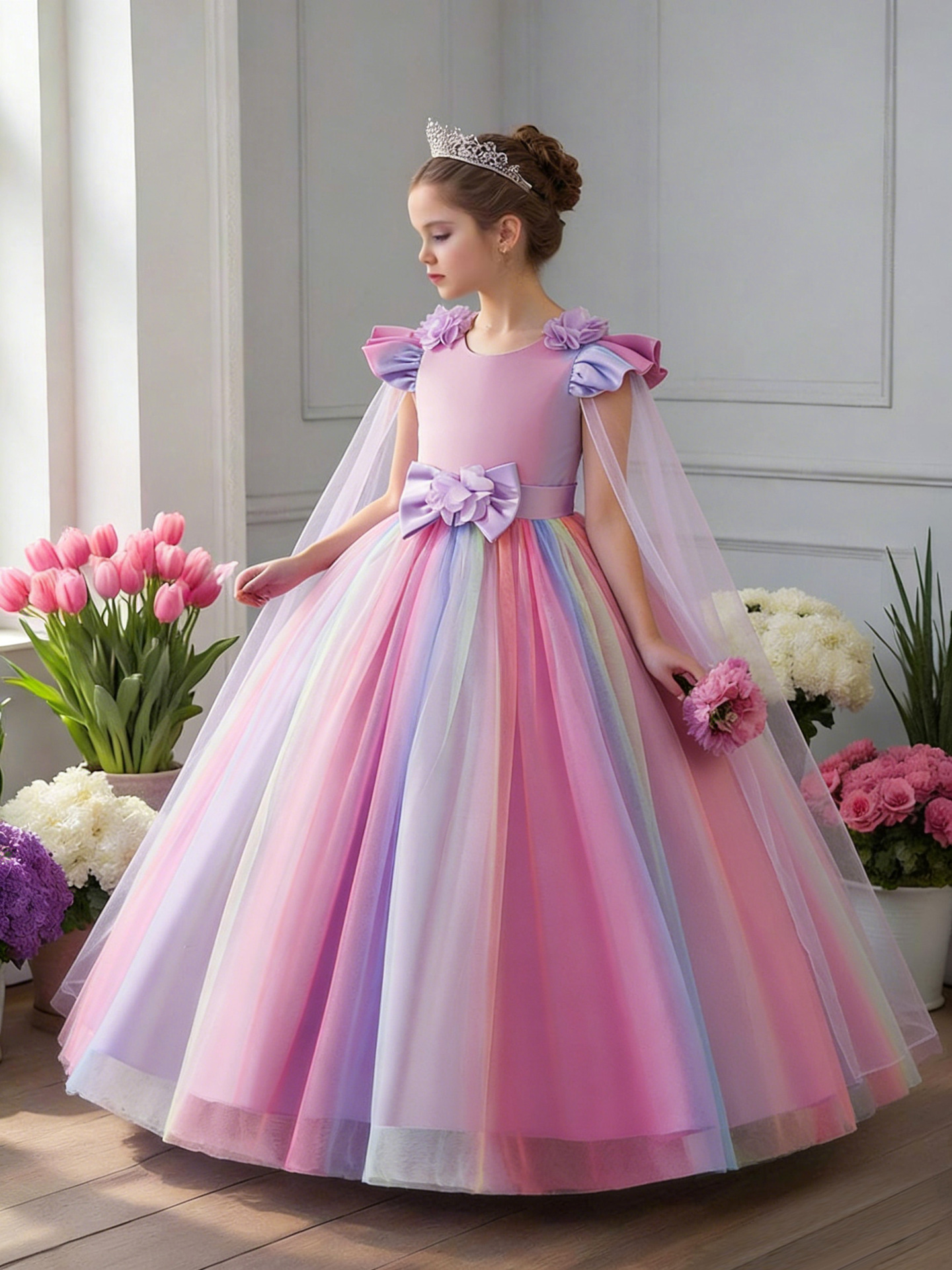 Girls Rainbow Tulle Princess Dress Kids Wedding Party Flying Sleeves Children Birthday Prom Dress Kids Photo Shoot Formal Dress Size 4-8Y