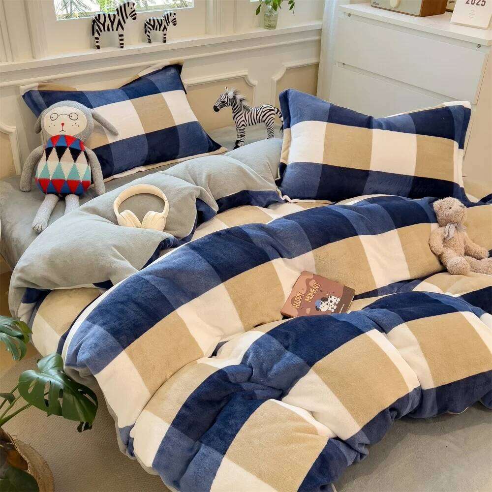 Simple Style Grid Thicken Milk Velvet Bedding Winter Warm Soft Four-Piece Set Bedroom Decor Quilt Cover Bed Sheet Pillowcase H260311