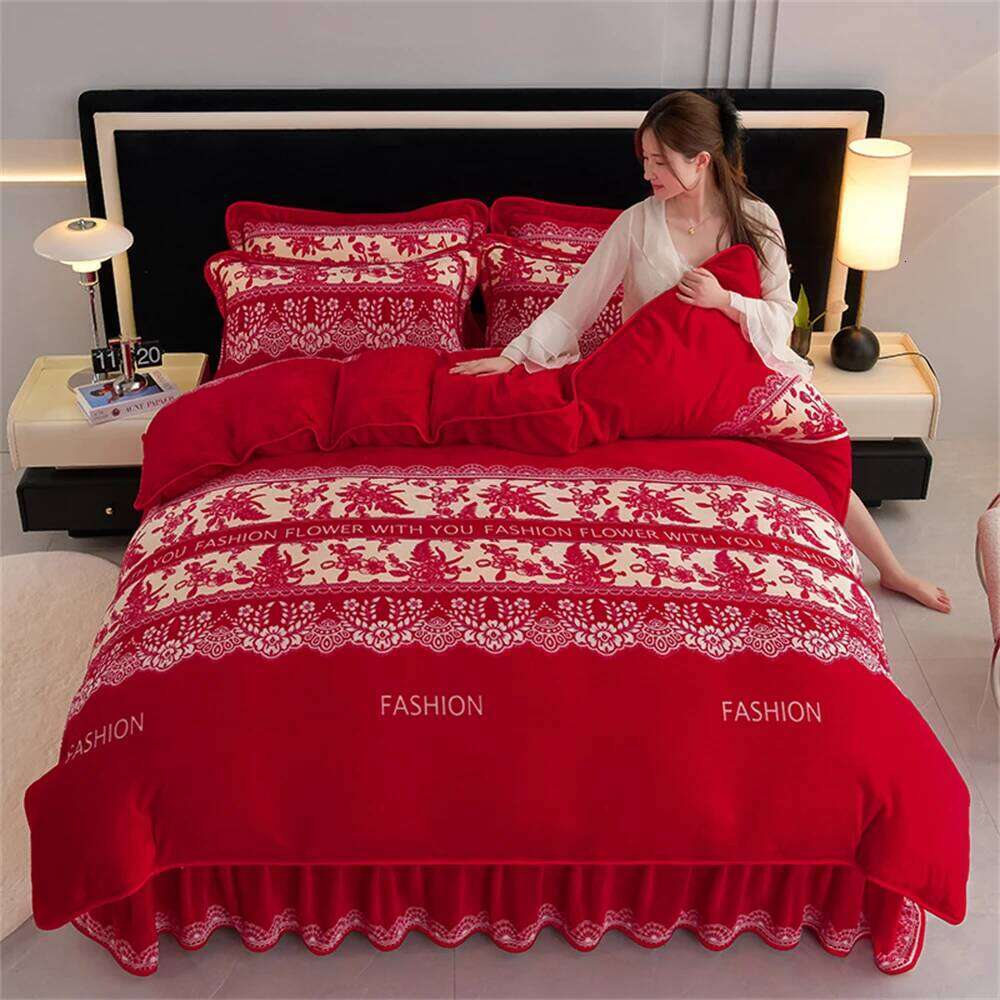 Class A Milk Four-Piece Set Light Ethnic Style Winter Warm Fleece Anti-static Duvet Cover Bed Sheet Bedding Sets H260311
