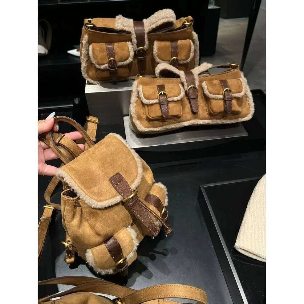 OLOEY Women Retro Imitation Suede Pocket Backpack Versatile Lamb Wool Double And One Shoulder Autumn Winter New Khaki Handheld Bag