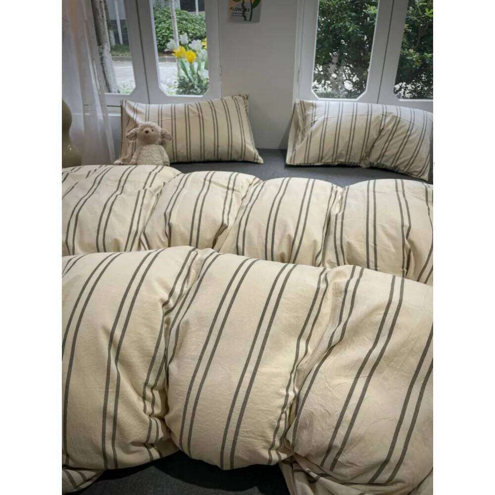 Reversible Striped Duvet 3pcs Home Bedding Set,Geometric Lines Comforter Polyester Quilt Cover with 2 Pillowcases H260311