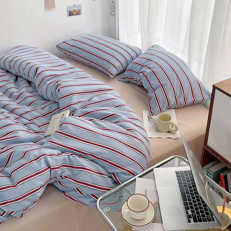 Simple Style Red And Blue Strip Duvet Cover Bed Sheet Washed Cotton Bedding Set H260311