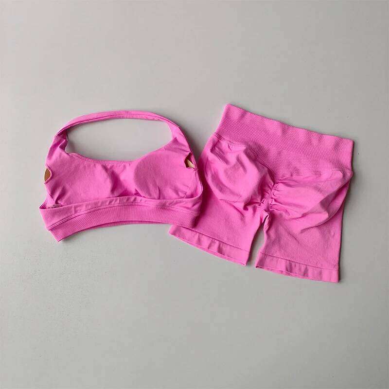 Sexy Halter Neck Beautiful High Waist Peach Sports Bras Shorts Suit Pilates Gathering Yoga Vest Training Fitness Bra Sets 26H0310