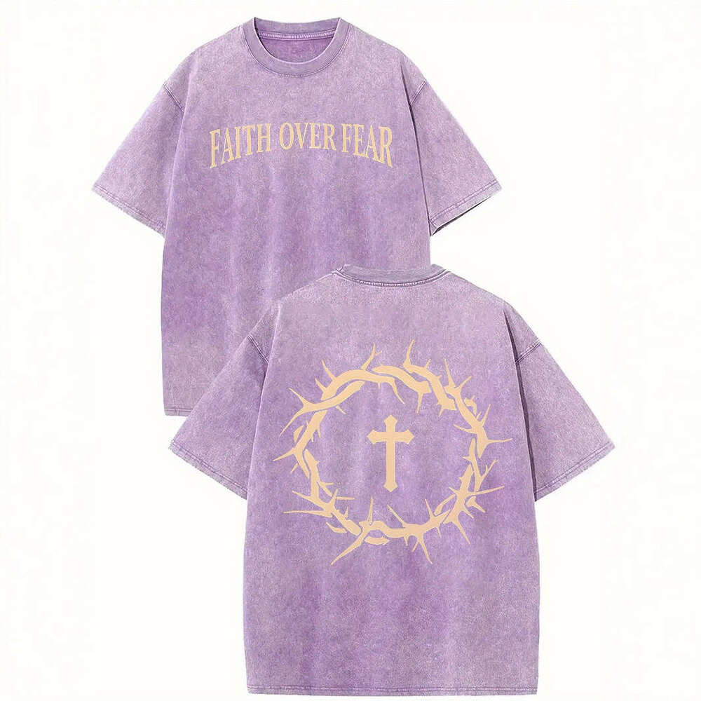 Washed Vintage Cotton T-Shirt Crown of Thorns &Cross Print Faith Over Fear Slogan Trendy Men's American Street Over sized Short Sleeve