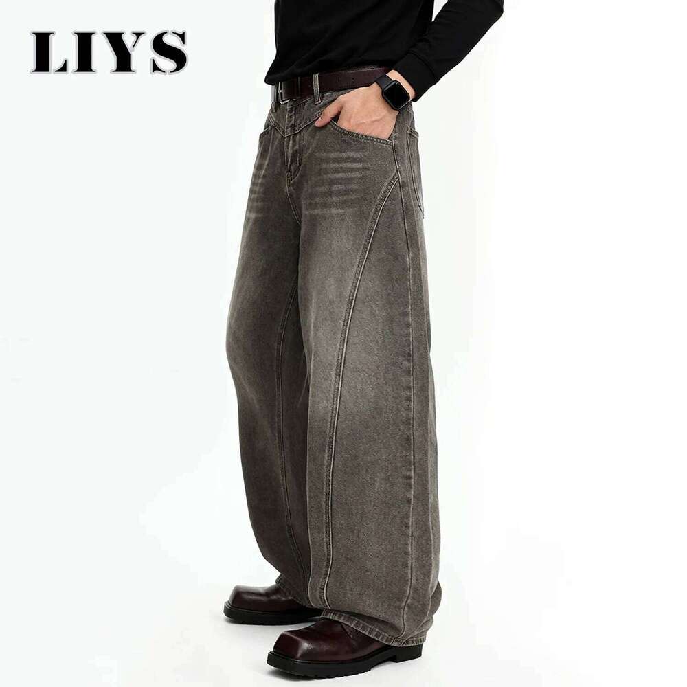 American Retro Grey Men's Baggy Wide Leg Jeans High Street Spliced Deconstruction Design Daily Casual Denim Pants Unisex Clothes Z260225