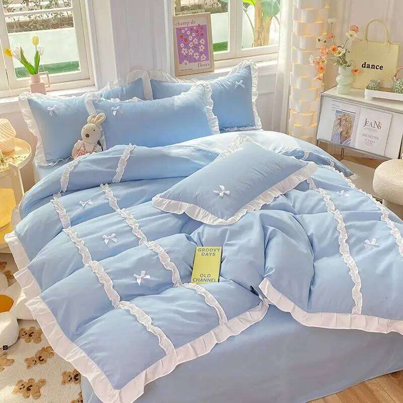 Kawaii Korean Bedding Sets No Filling Ins Princess Style Lace Bow Duvet Cover Fitted Sheet Girl Woman Home Bedroom Bed Linens H260311