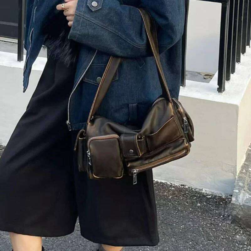 Women Y2k Leather With Wide Shoulder Strap Zipper Handbag Creative Multi Pocket Design Underarm Motorcycle Bag XJ260311