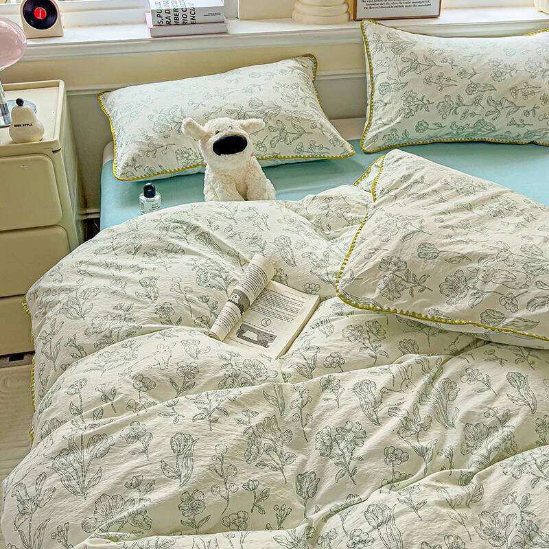 Flower Printed Duvet Sets Queen/King Bedding with Shell Edge Washed Cotton dekbedovertrek 240x220 Bed Cover Set H260311