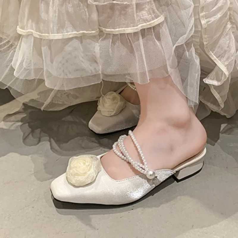 Elegant Mid Heels Women Flower Bead Heeled Shoes 2025 Fashion New Sandals Pumps Summer Trend Square Toe Shallow Slides K260311