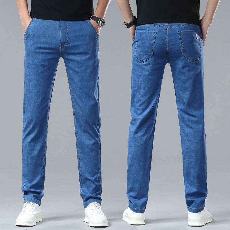 Light Blue Classic Business Casual Cotton Pants Fashion Breathable Denim Elastic Trousers Brand Men's Clothing Straight Jeans Z260225