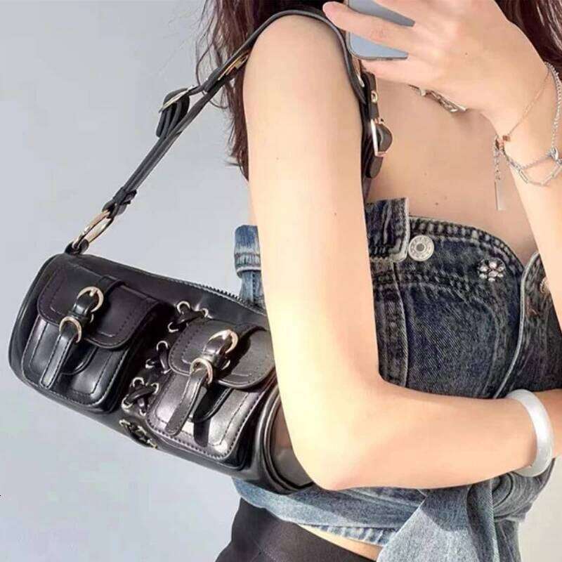 Vintage Y2K Hot Girls Underarm Bag Fashion Black Women's Shoulder Crossbody Bags Strappy Duffel Handbags XJ260311