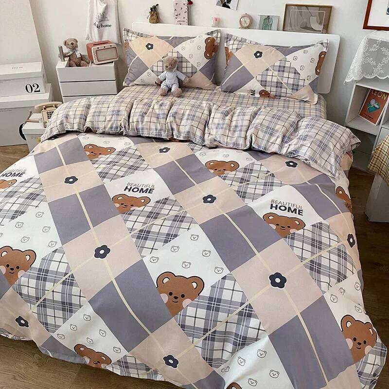 Kawaii Printed Floral Duvet Cover Pillowcase Bedding Set Cute Dog Bear Bed Linen Sheet Quilt Full Queen King Size H260311