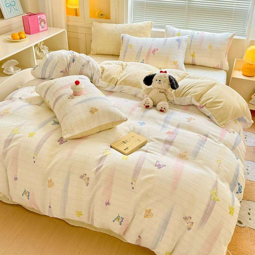 Ins Simple Style Winter Warm Four Piece Milk Velvet Boys Girls Bedding Set Thickened Soft Duvet Cover Pillowcase Bed Linens H260311