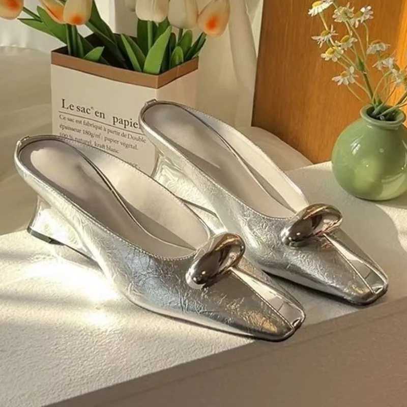 Square Toe Women Slippers Mules Sandals High Heels Shoes Woman Loafers 2025 Trend Designer Summer Shallow Soft Slides K260311