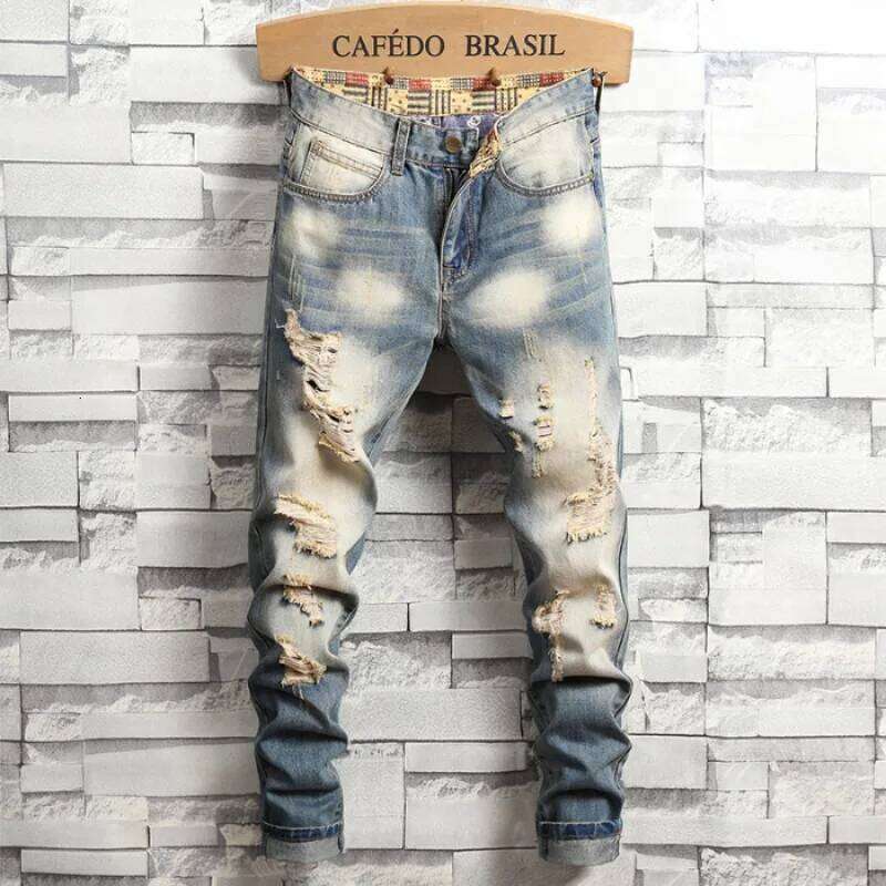 Distressed Ripped Jeans Men's Retro Blue Fashion Slim Motorcycle Trousers Hip-hop Street Male Hole Denim Pants Z260225