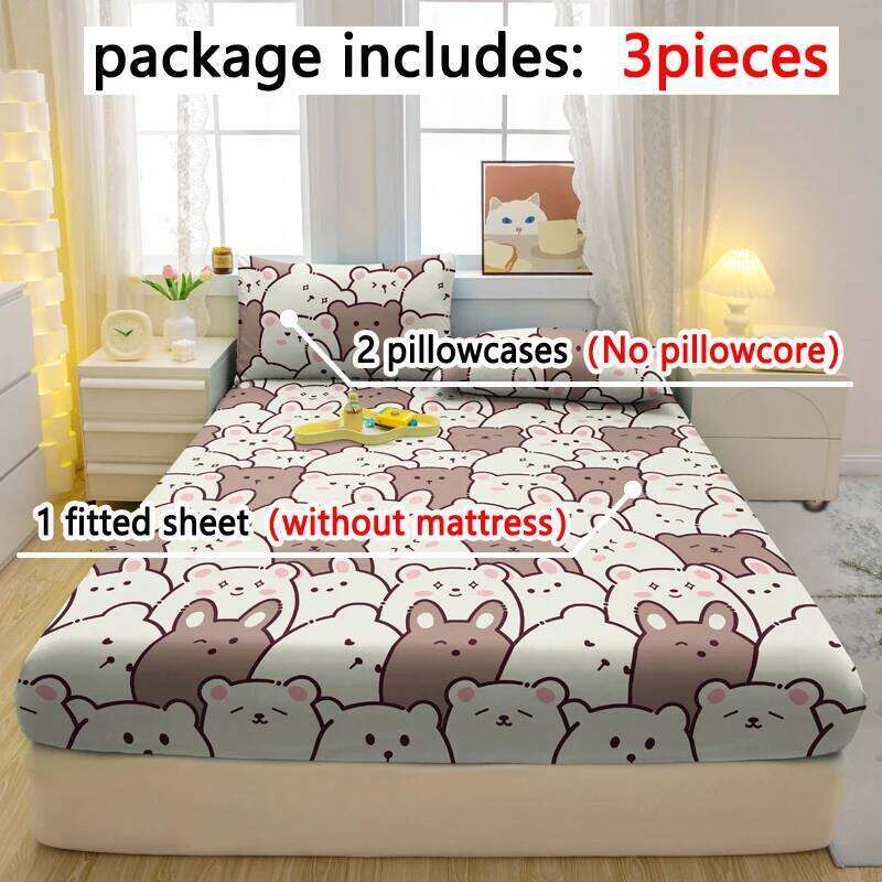 3-piece cartoon fun bear pattern matte three piece fitted sheet bedroom printed bed cover set, bedding H260311