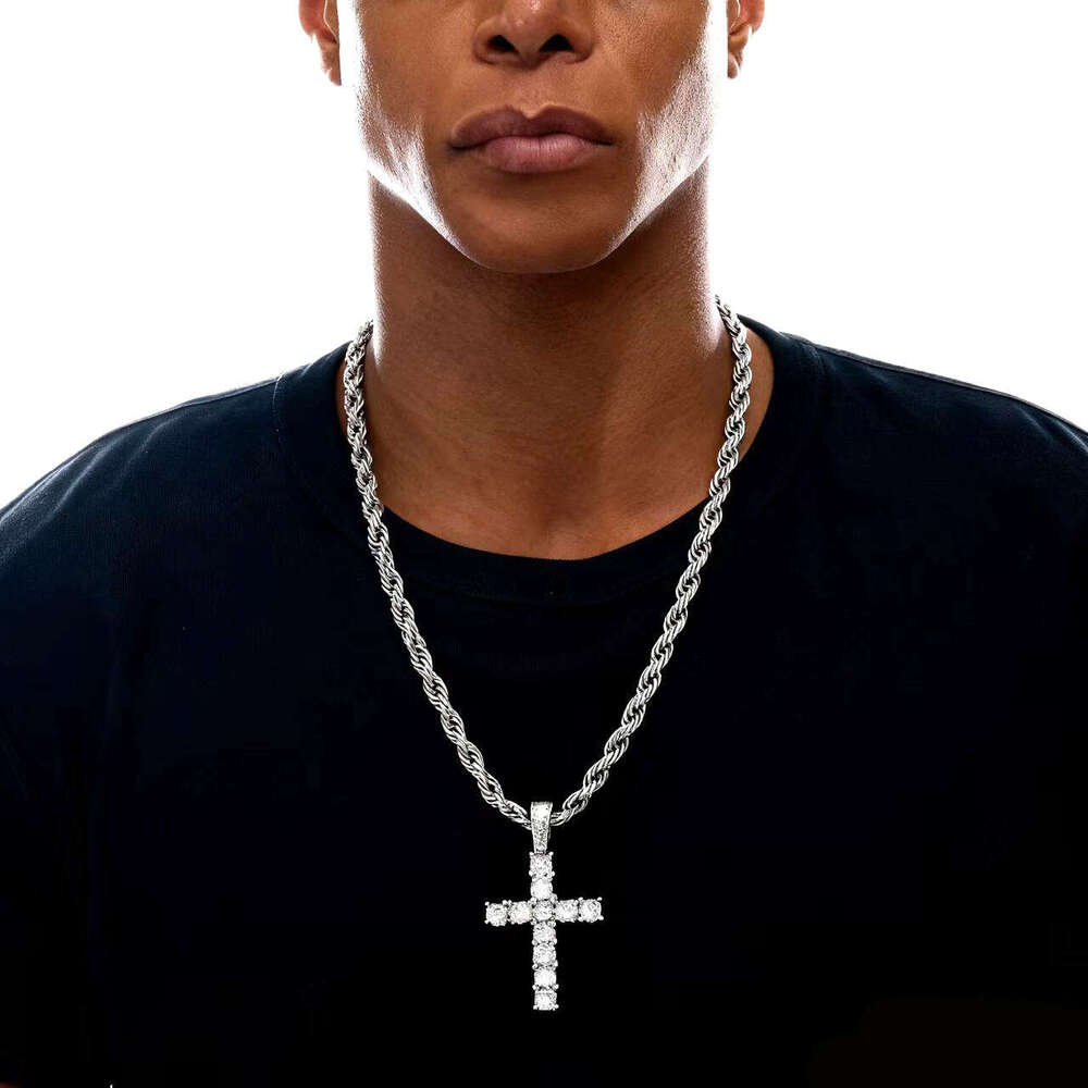 Men's Cross Pendant Necklace American Hip Hop Iced Out Zircon Cross Rope Chain High End Casual Silver Plated Jewelry