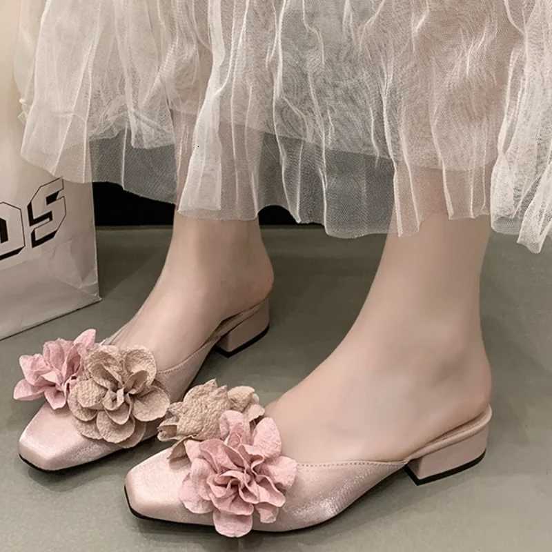 Flower High Heeled Sandals Designer Women Slippers Mules Shoes Elegant Square Toe Summer 2025 Dress Pumps Trend Chunky Mujer K260311