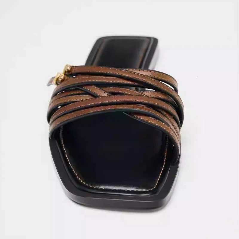 Womens Flat Slides Sandals Vintage Square Toe Leather Strappy Outdoor Casual Shoes for Summer Fashion K260311