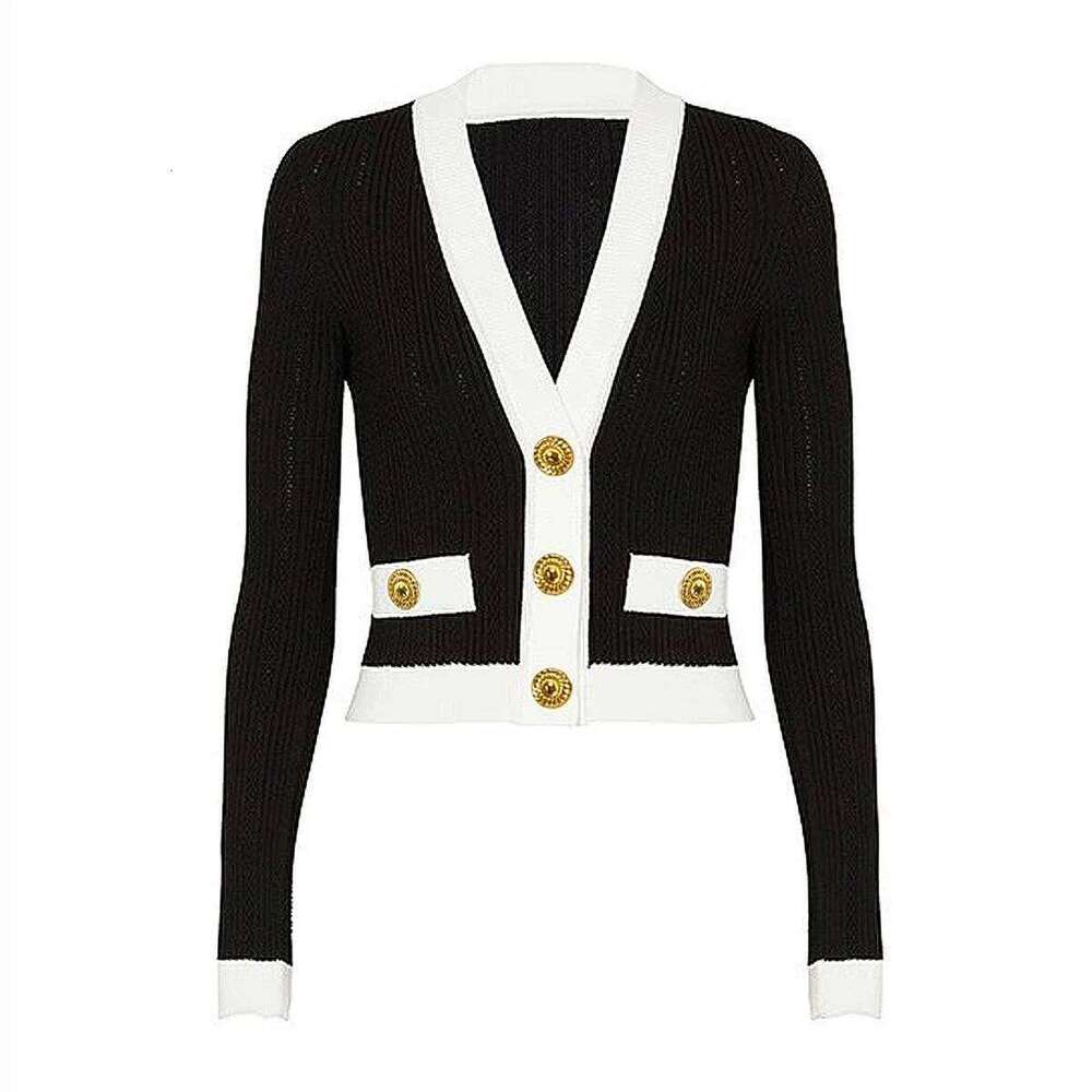 SML Three Color Elastic Knitted Fabric Fashionable And Sexy Deep V-button Striped Hollow Long Sleeved Casual Women's Cardigan